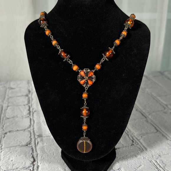 unbranded Jewelry - Elegant Burnt Orange Beaded Teardrop Statement Necklace 19”